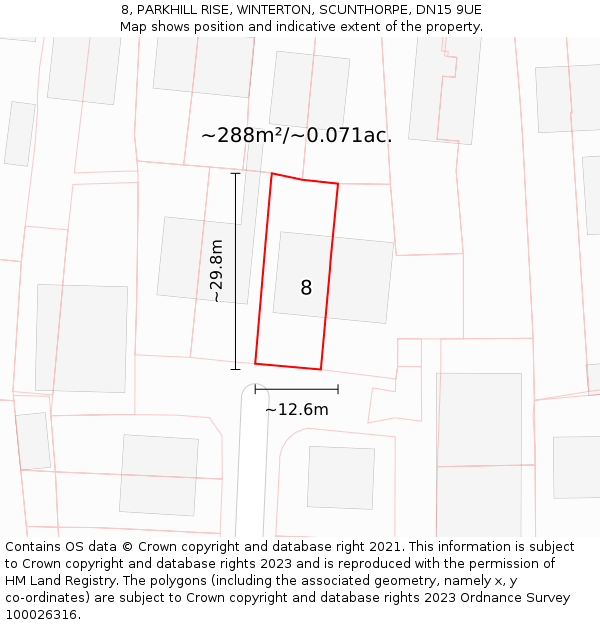 8, PARKHILL RISE, WINTERTON, SCUNTHORPE, DN15 9UE: Plot and title map