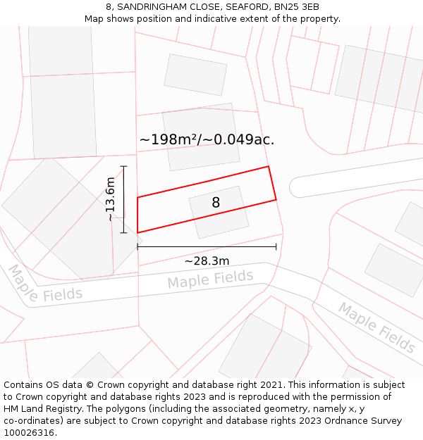 8, SANDRINGHAM CLOSE, SEAFORD, BN25 3EB: Plot and title map