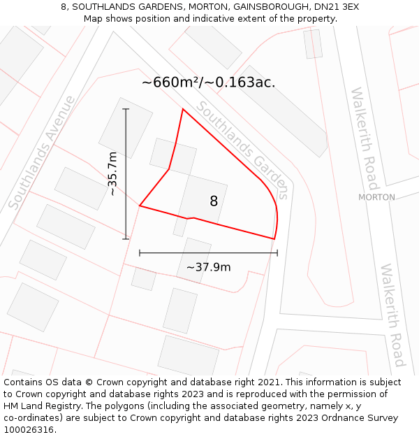 8, SOUTHLANDS GARDENS, MORTON, GAINSBOROUGH, DN21 3EX: Plot and title map
