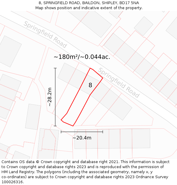 8, SPRINGFIELD ROAD, BAILDON, SHIPLEY, BD17 5NA: Plot and title map