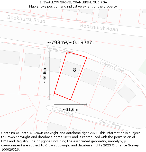 8, SWALLOW GROVE, CRANLEIGH, GU6 7GA: Plot and title map