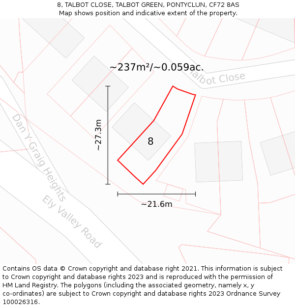 8, TALBOT CLOSE, TALBOT GREEN, PONTYCLUN, CF72 8AS: Plot and title map