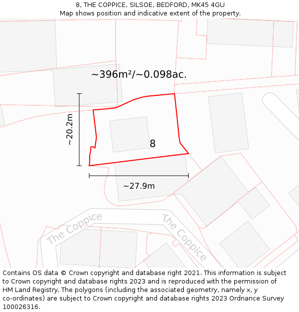 8, THE COPPICE, SILSOE, BEDFORD, MK45 4GU: Plot and title map
