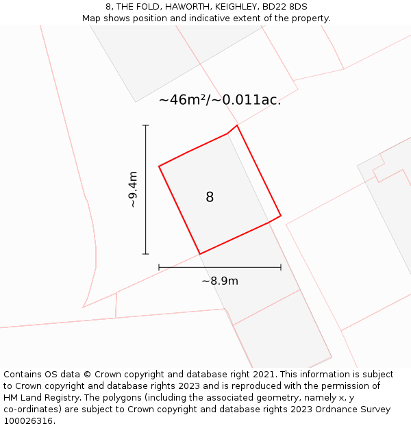 8, THE FOLD, HAWORTH, KEIGHLEY, BD22 8DS: Plot and title map