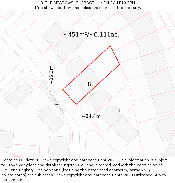 8, THE MEADOWS, BURBAGE, HINCKLEY, LE10 2BU: Plot and title map