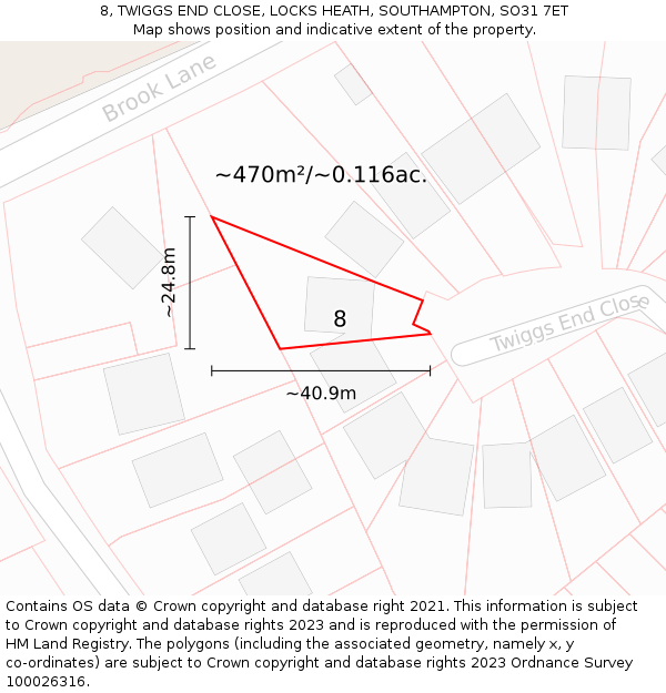 8, TWIGGS END CLOSE, LOCKS HEATH, SOUTHAMPTON, SO31 7ET: Plot and title map