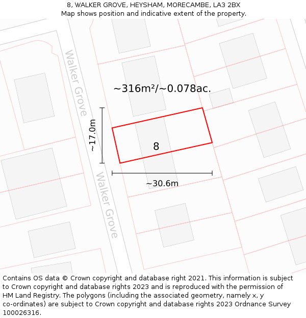 8, WALKER GROVE, HEYSHAM, MORECAMBE, LA3 2BX: Plot and title map