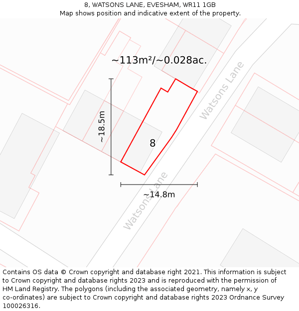 8, WATSONS LANE, EVESHAM, WR11 1GB: Plot and title map