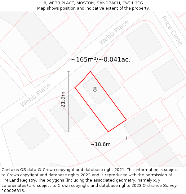 8, WEBB PLACE, MOSTON, SANDBACH, CW11 3EG: Plot and title map