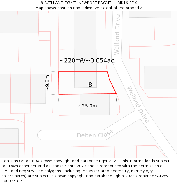 8, WELLAND DRIVE, NEWPORT PAGNELL, MK16 9DX: Plot and title map