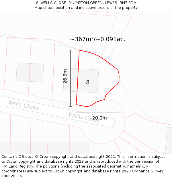 8, WELLS CLOSE, PLUMPTON GREEN, LEWES, BN7 3DA: Plot and title map