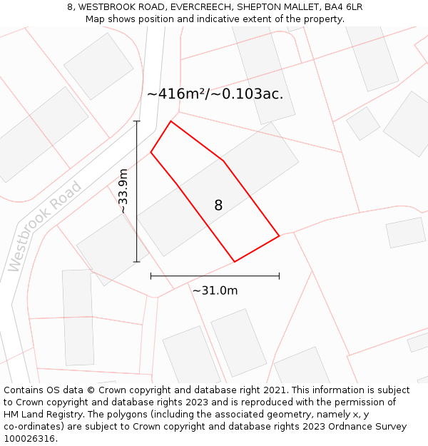 8, WESTBROOK ROAD, EVERCREECH, SHEPTON MALLET, BA4 6LR: Plot and title map