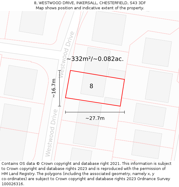 8, WESTWOOD DRIVE, INKERSALL, CHESTERFIELD, S43 3DF: Plot and title map