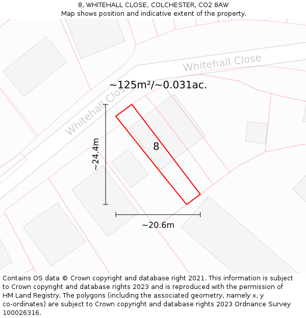 8, WHITEHALL CLOSE, COLCHESTER, CO2 8AW: Plot and title map