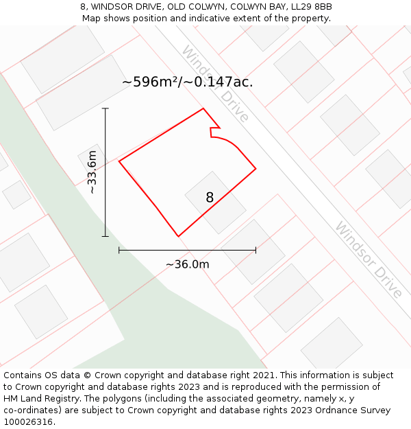 8, WINDSOR DRIVE, OLD COLWYN, COLWYN BAY, LL29 8BB: Plot and title map