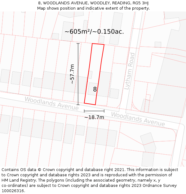 8, WOODLANDS AVENUE, WOODLEY, READING, RG5 3HJ: Plot and title map