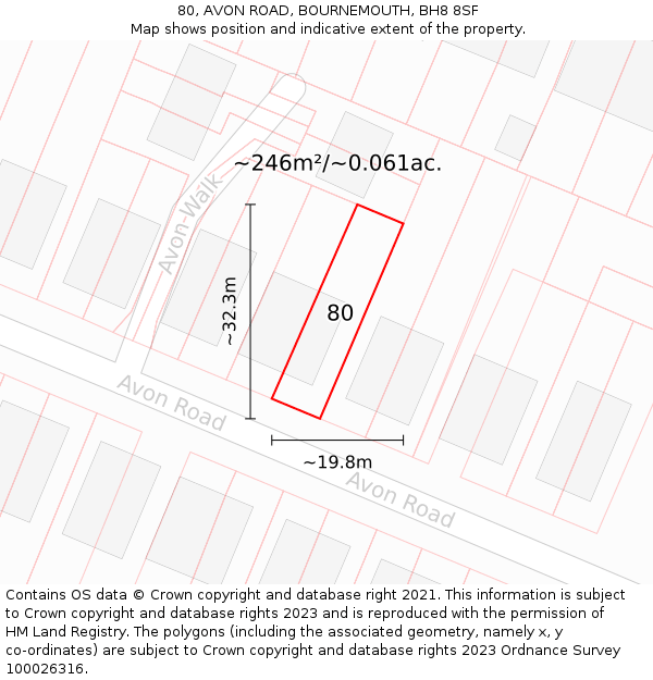 80, AVON ROAD, BOURNEMOUTH, BH8 8SF: Plot and title map