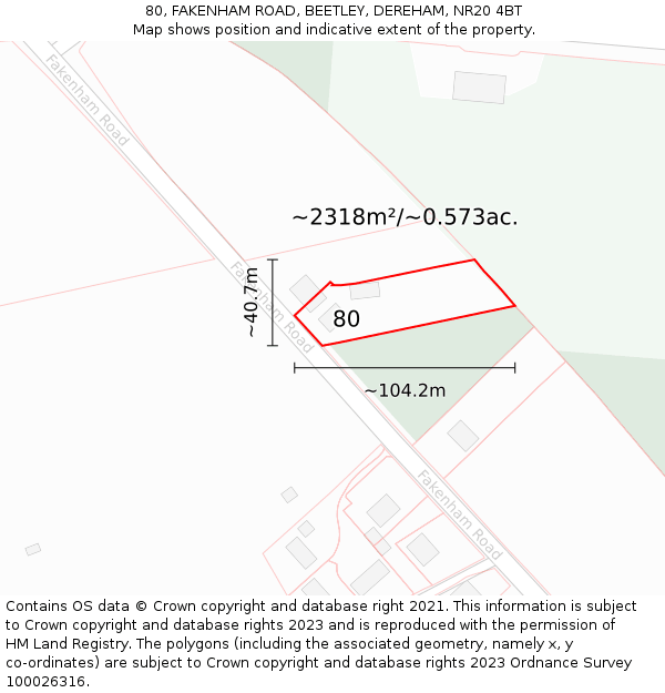 80, FAKENHAM ROAD, BEETLEY, DEREHAM, NR20 4BT: Plot and title map