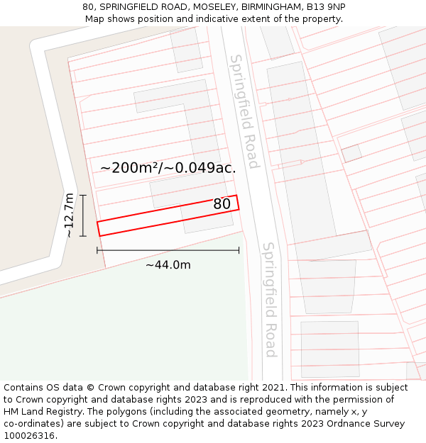80, SPRINGFIELD ROAD, MOSELEY, BIRMINGHAM, B13 9NP: Plot and title map