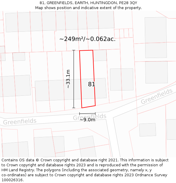 81, GREENFIELDS, EARITH, HUNTINGDON, PE28 3QY: Plot and title map
