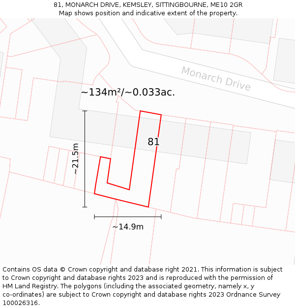81, MONARCH DRIVE, KEMSLEY, SITTINGBOURNE, ME10 2GR: Plot and title map