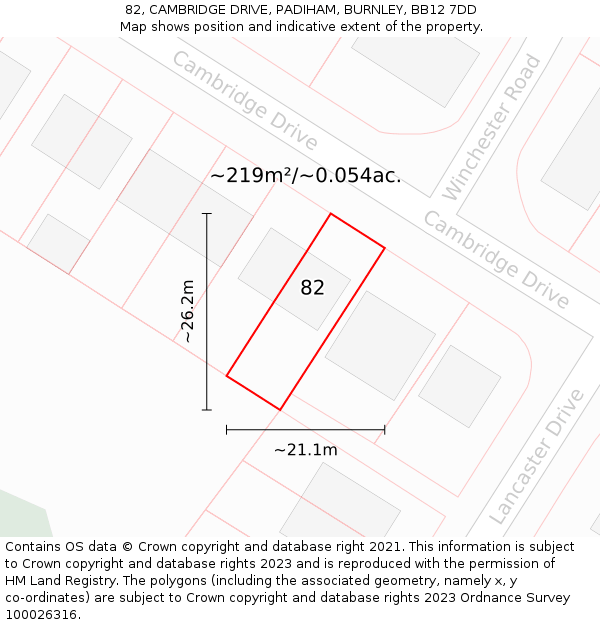 82, CAMBRIDGE DRIVE, PADIHAM, BURNLEY, BB12 7DD: Plot and title map