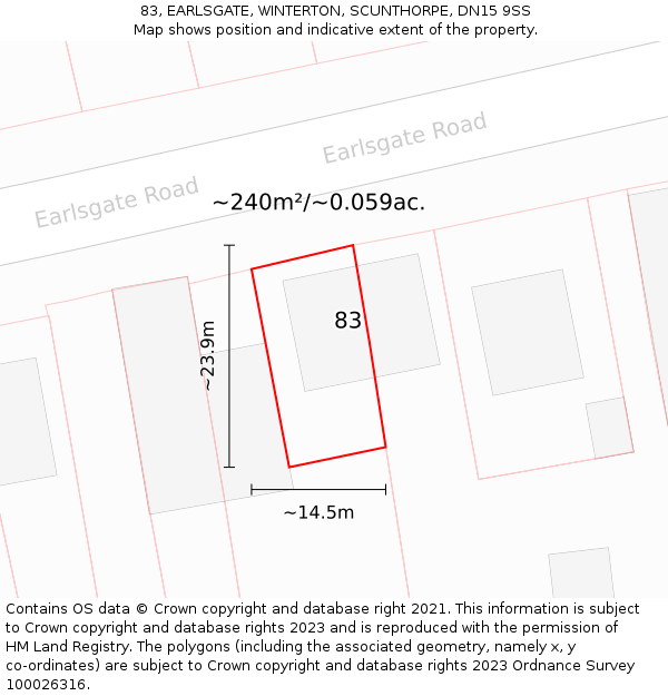 83, EARLSGATE, WINTERTON, SCUNTHORPE, DN15 9SS: Plot and title map