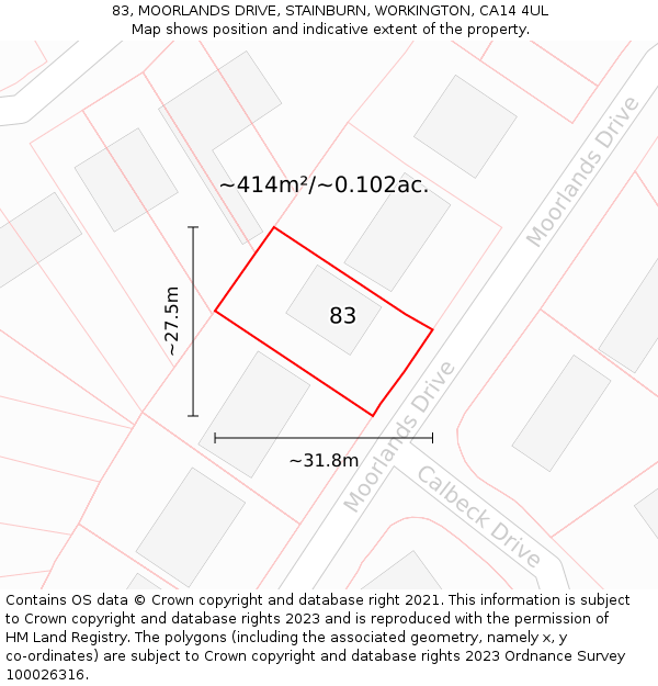 83, MOORLANDS DRIVE, STAINBURN, WORKINGTON, CA14 4UL: Plot and title map