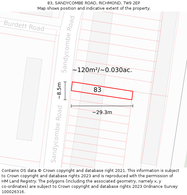 83, SANDYCOMBE ROAD, RICHMOND, TW9 2EP: Plot and title map