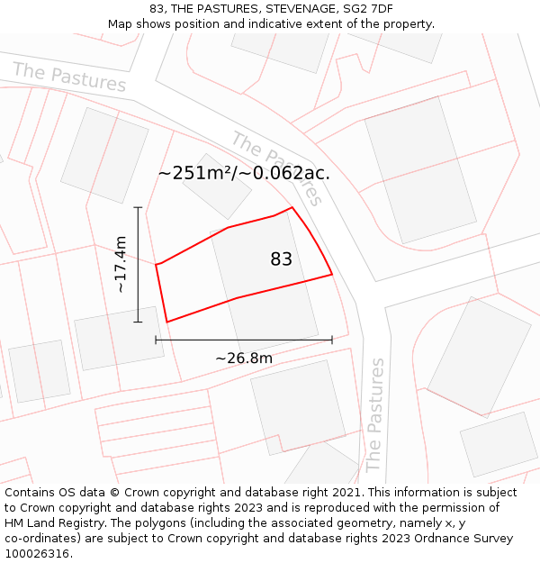 83, THE PASTURES, STEVENAGE, SG2 7DF: Plot and title map