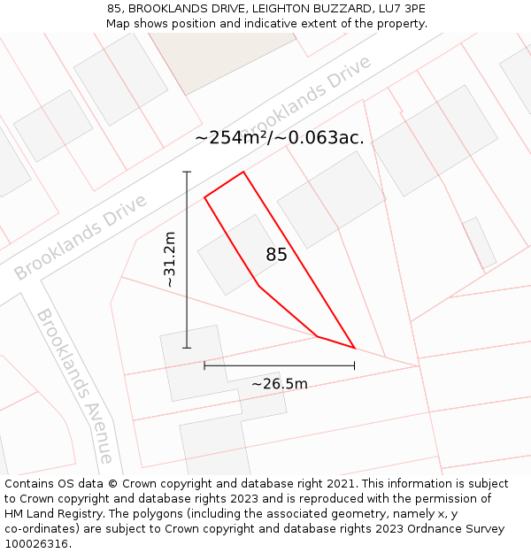85, BROOKLANDS DRIVE, LEIGHTON BUZZARD, LU7 3PE: Plot and title map