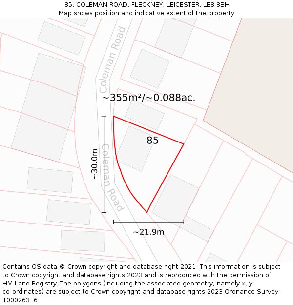 85, COLEMAN ROAD, FLECKNEY, LEICESTER, LE8 8BH: Plot and title map