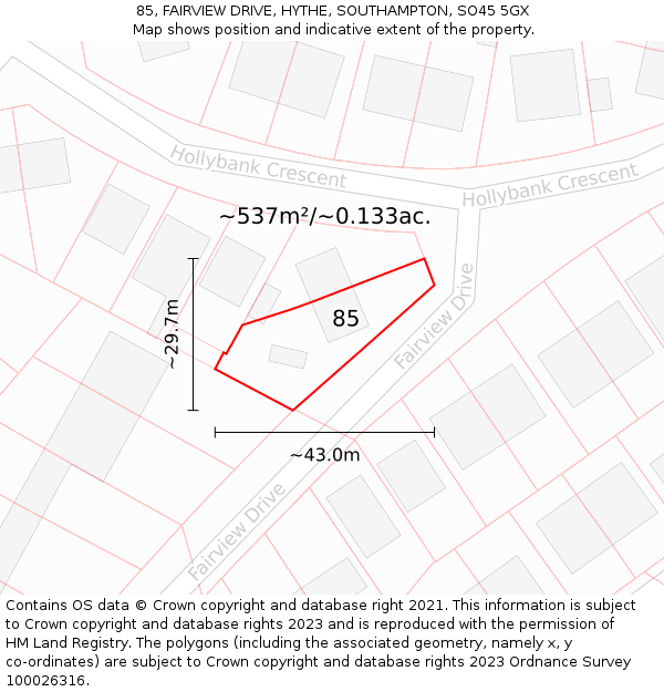 85, FAIRVIEW DRIVE, HYTHE, SOUTHAMPTON, SO45 5GX: Plot and title map