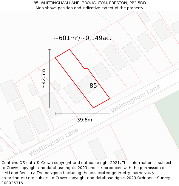 85, WHITTINGHAM LANE, BROUGHTON, PRESTON, PR3 5DB: Plot and title map