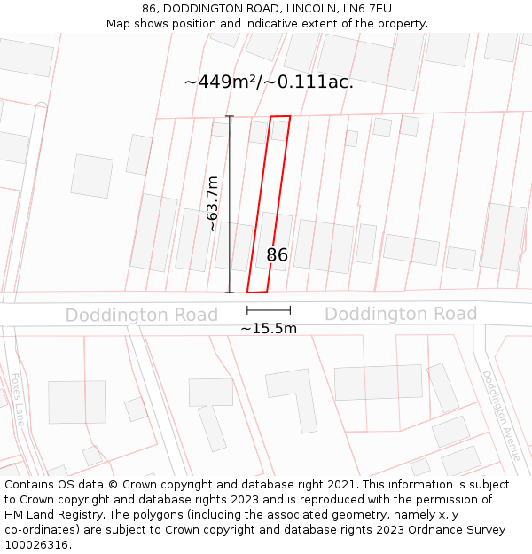 86, DODDINGTON ROAD, LINCOLN, LN6 7EU: Plot and title map