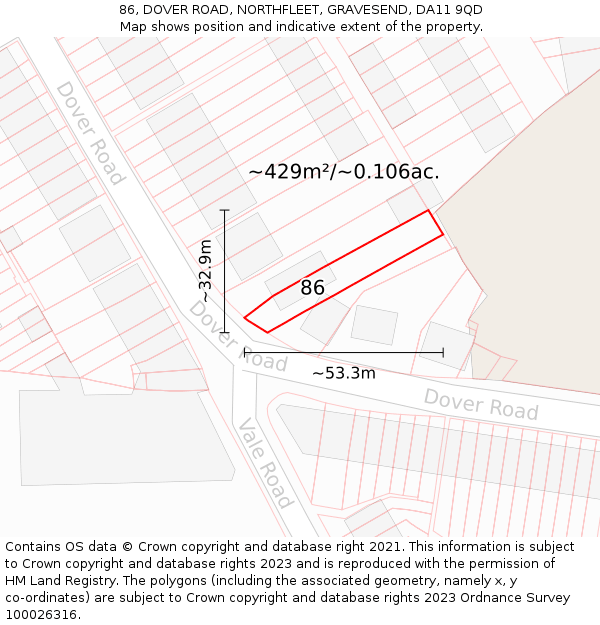 86, DOVER ROAD, NORTHFLEET, GRAVESEND, DA11 9QD: Plot and title map