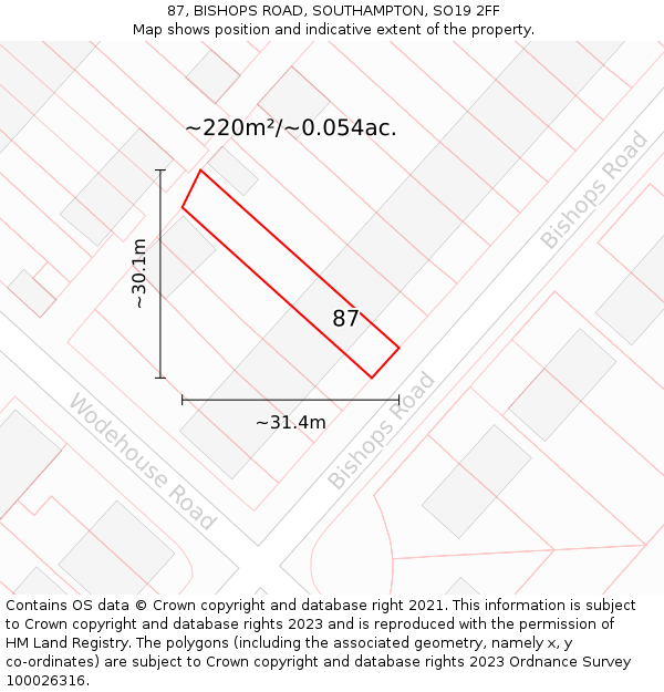 87, BISHOPS ROAD, SOUTHAMPTON, SO19 2FF: Plot and title map