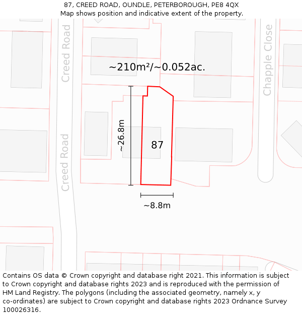 87, CREED ROAD, OUNDLE, PETERBOROUGH, PE8 4QX: Plot and title map