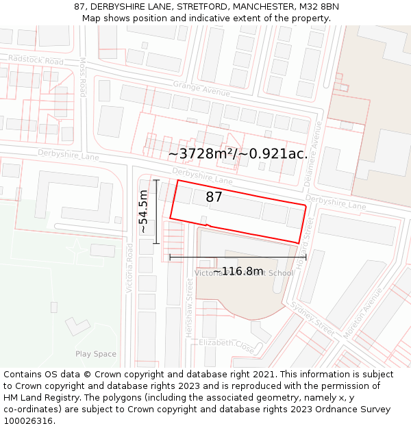 87, DERBYSHIRE LANE, STRETFORD, MANCHESTER, M32 8BN: Plot and title map