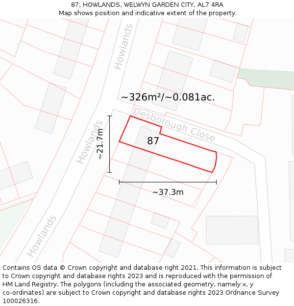 87, HOWLANDS, WELWYN GARDEN CITY, AL7 4RA: Plot and title map