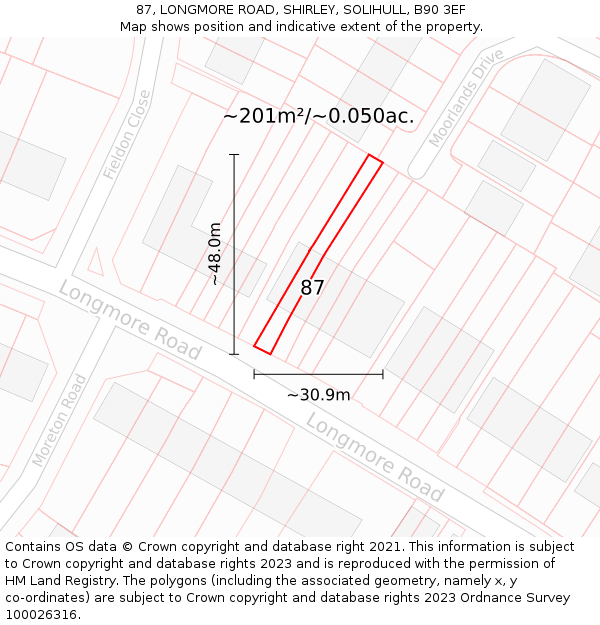 87, LONGMORE ROAD, SHIRLEY, SOLIHULL, B90 3EF: Plot and title map