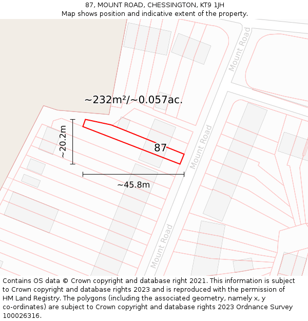 87, MOUNT ROAD, CHESSINGTON, KT9 1JH: Plot and title map