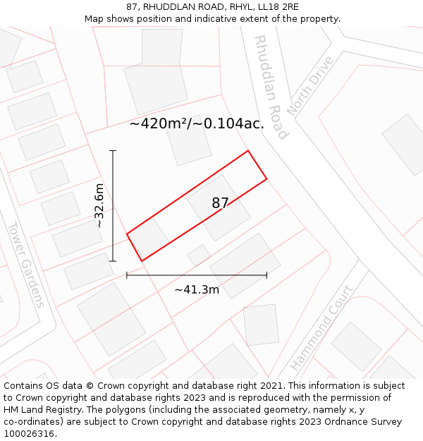 87, RHUDDLAN ROAD, RHYL, LL18 2RE: Plot and title map