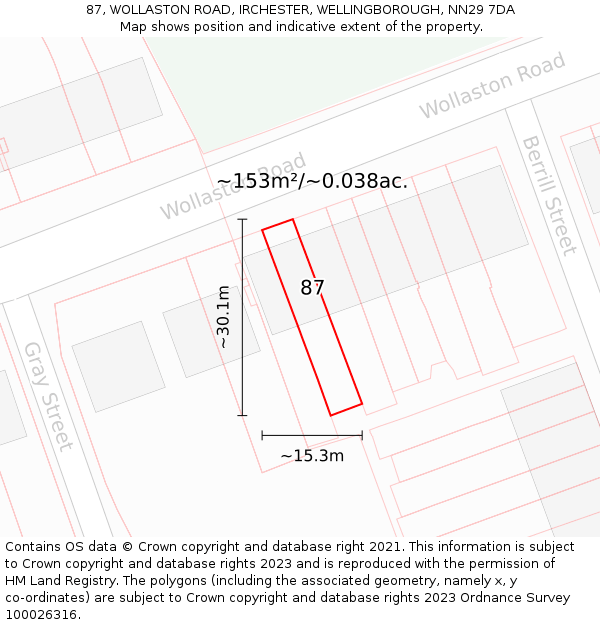 87, WOLLASTON ROAD, IRCHESTER, WELLINGBOROUGH, NN29 7DA: Plot and title map