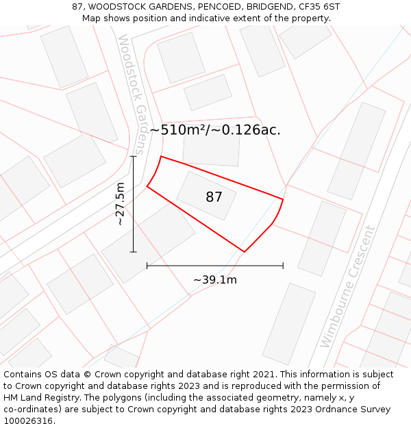87, WOODSTOCK GARDENS, PENCOED, BRIDGEND, CF35 6ST: Plot and title map