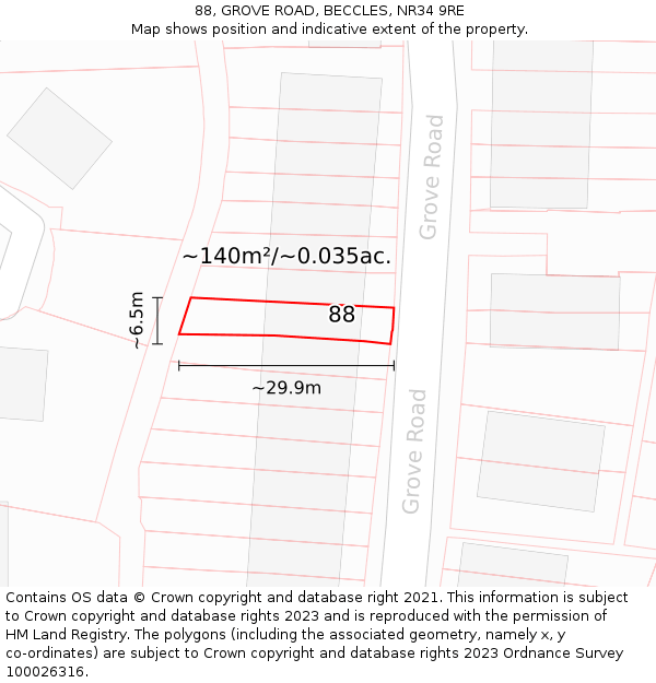 88, GROVE ROAD, BECCLES, NR34 9RE: Plot and title map