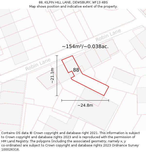 88, KILPIN HILL LANE, DEWSBURY, WF13 4BS: Plot and title map