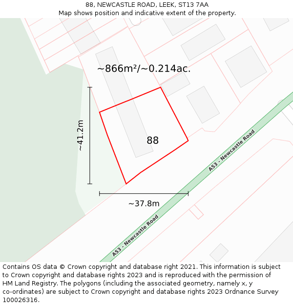 88, NEWCASTLE ROAD, LEEK, ST13 7AA: Plot and title map