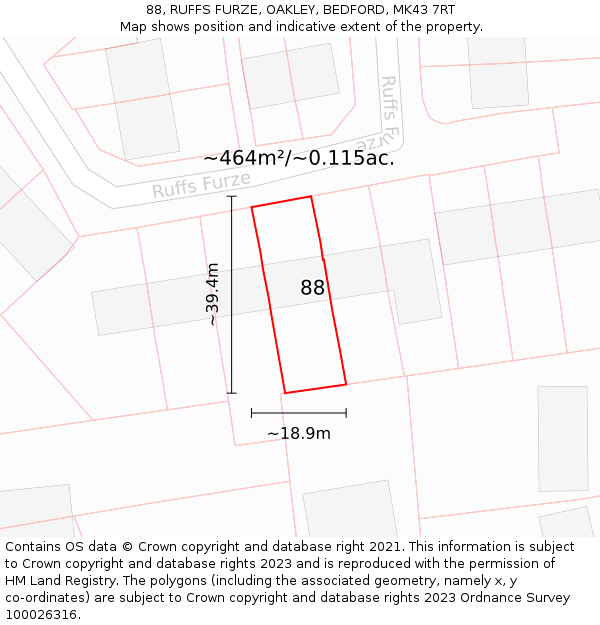 88, RUFFS FURZE, OAKLEY, BEDFORD, MK43 7RT: Plot and title map