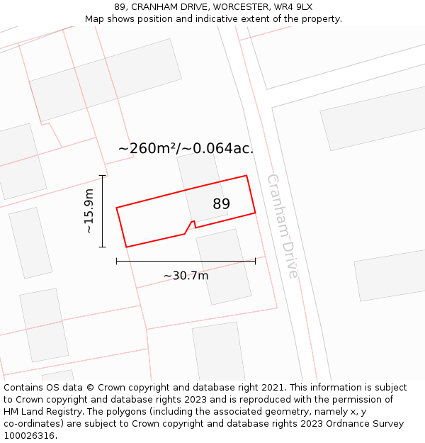 89, CRANHAM DRIVE, WORCESTER, WR4 9LX: Plot and title map
